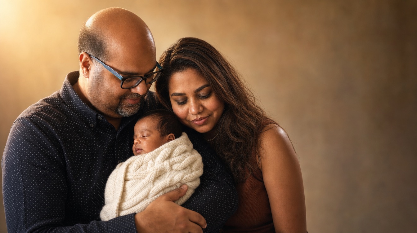 Allen and Romaila Diwan holding their infant son Jacob.